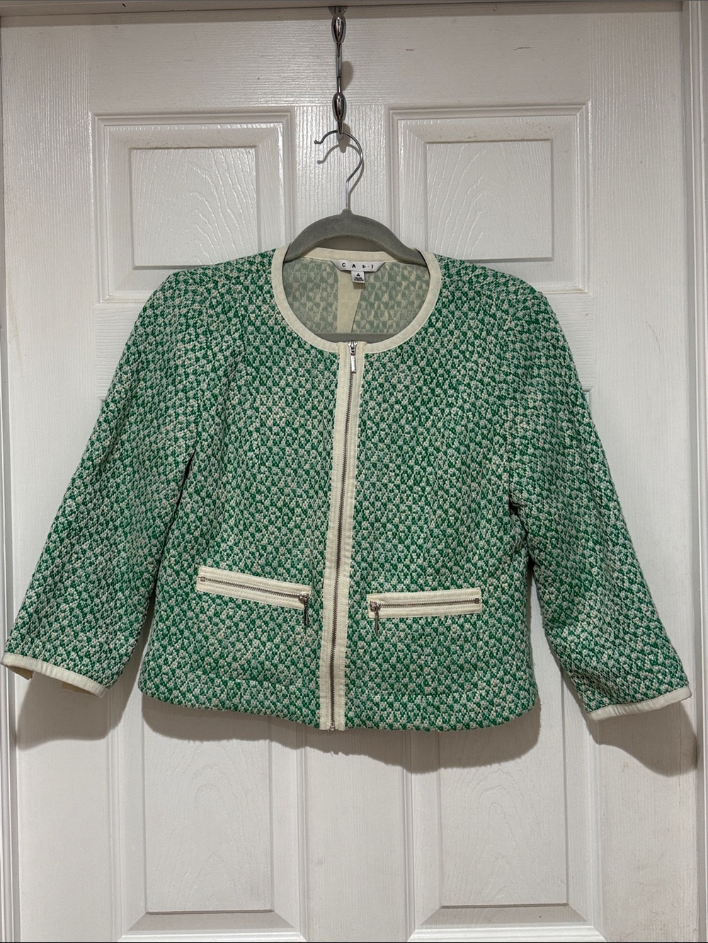 CAbi Green Tweed Jacket with Cream Trim